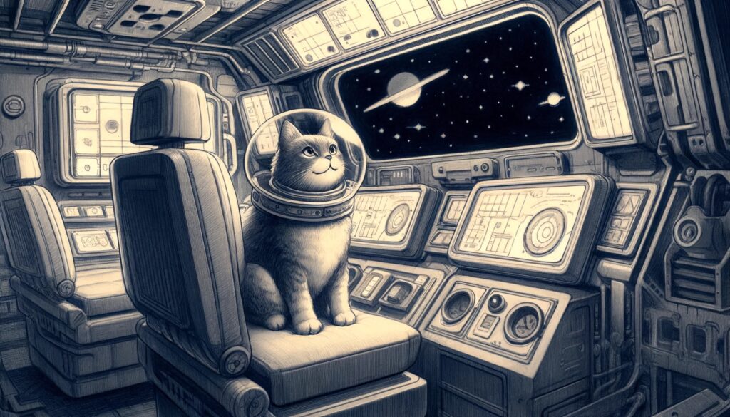 宇宙船に乗った猫「鉛筆スケッチ風」