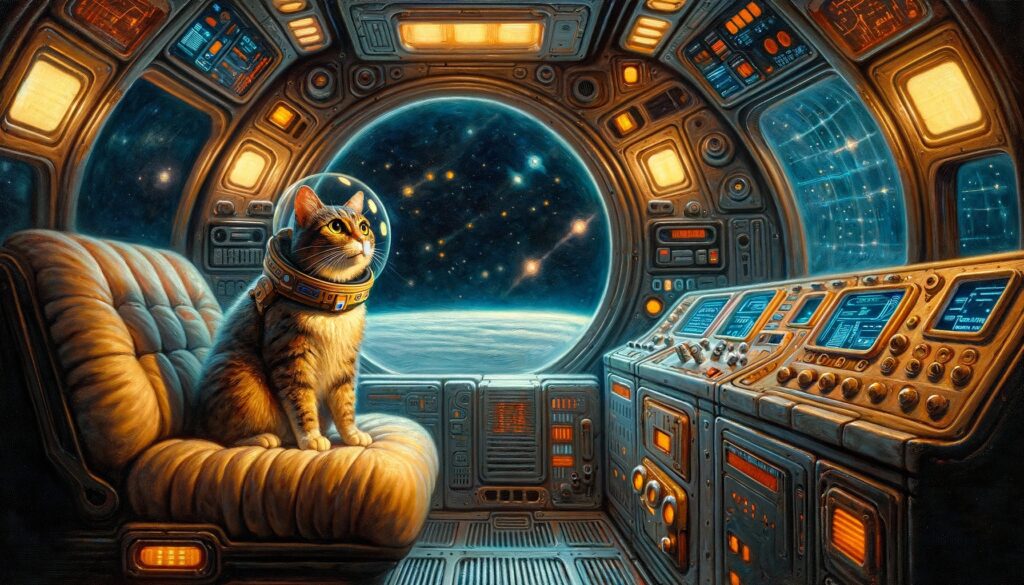 宇宙船に乗った猫『油絵風」
